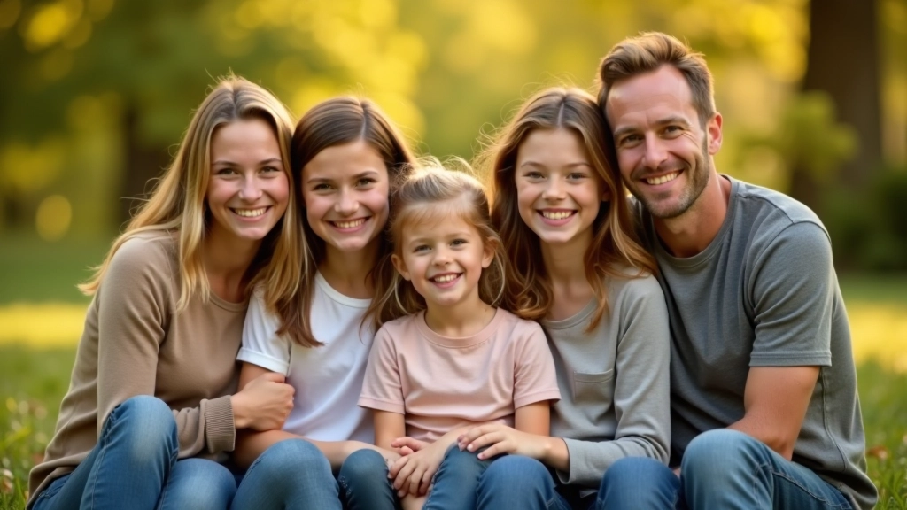 Family group portrait with genuine smiles, everyone relaxed and connected to each other