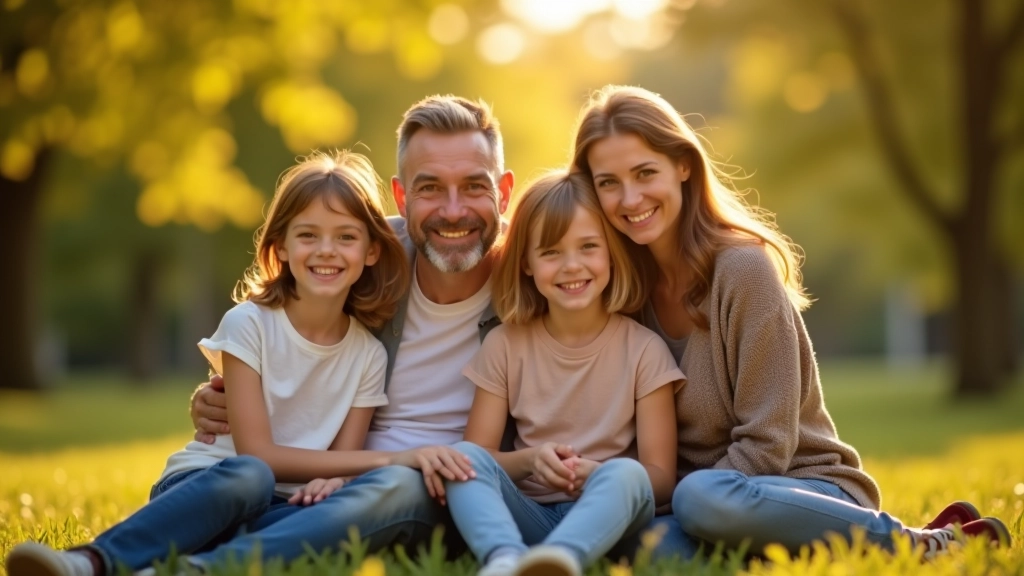Family of four laughing together outdoors in natural sunlight with soft green background