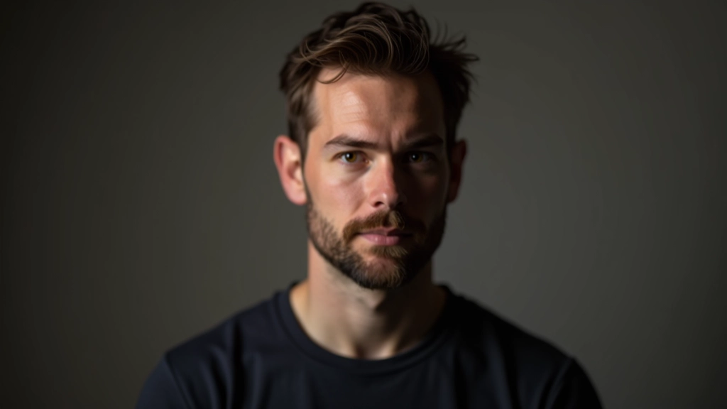 Male portrait photography with professional side lighting, strong key light creating dramatic shadows, showing skin texture and facial features, neutral expression