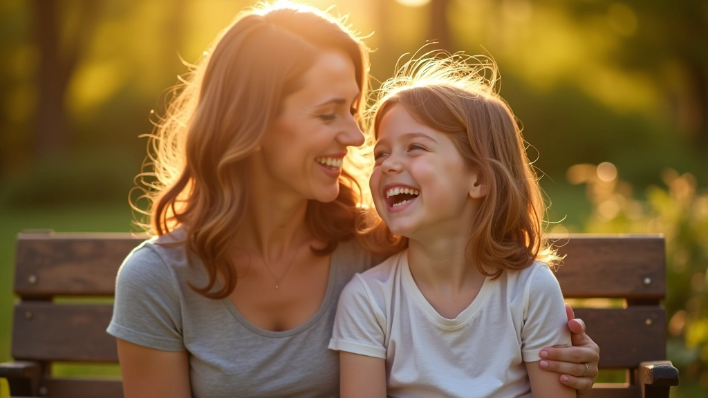 Mother and child sitting together, laughing naturally while photographer directs session in background