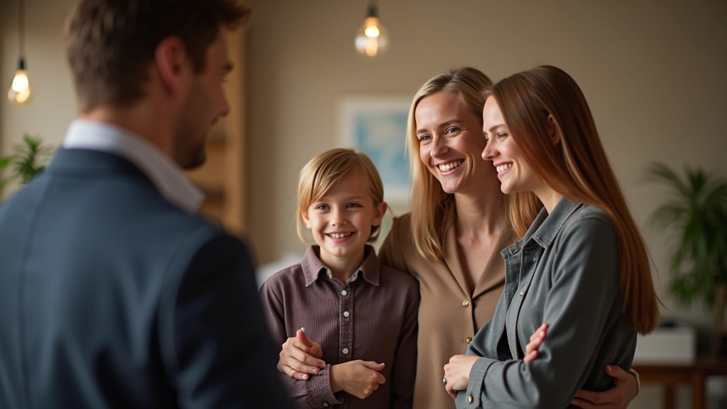 Photographer having friendly conversation with family before session begins, warm indoor studio lighting
