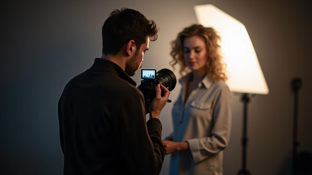 Professional photographer adjusting camera settings during a portrait session indoors