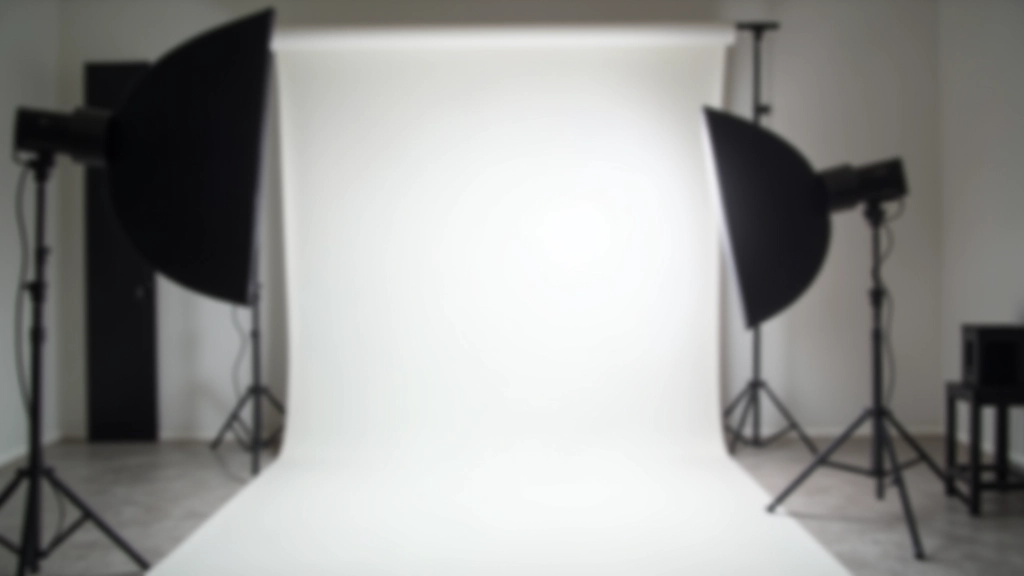 Studio setup with professional lighting equipment, softbox, reflector, and backdrop stand arranged professionally